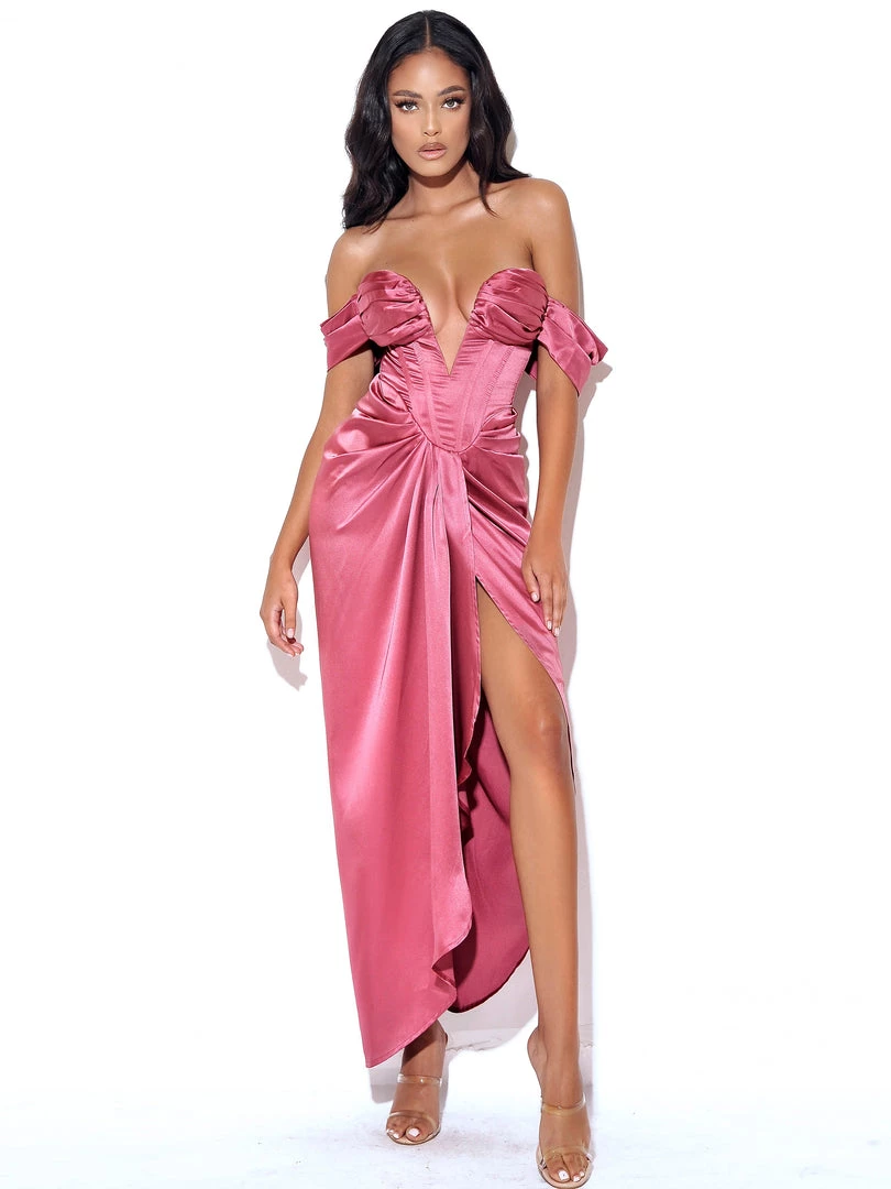 Miss Circle Corsets Xophia Mauve Pink Off Shoulder Satin Corset High Slit Dress