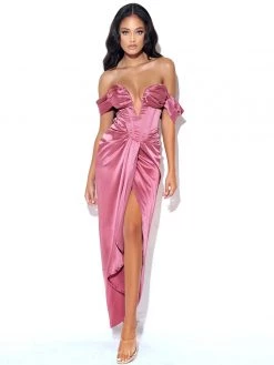Miss Circle Corsets Xophia Mauve Pink Off Shoulder Satin Corset High Slit Dress