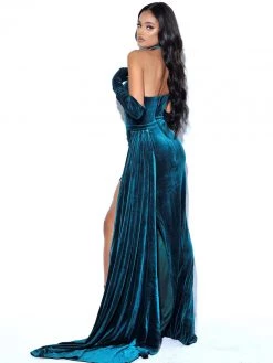 Miss Circle Rayna Teal Criss Cross High Slit Velvet Gown With Gloves Gowns