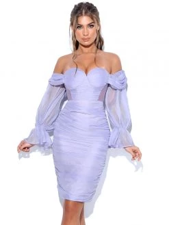 Miss Circle Sirene Lavender Silk Pleated Off Shoulder Balloon Sleeves Dress