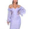 Miss Circle Sirene Lavender Silk Pleated Off Shoulder Balloon Sleeves Dress