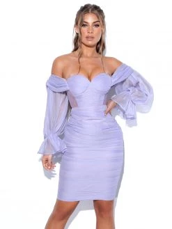 Miss Circle Sirene Lavender Silk Pleated Off Shoulder Balloon Sleeves Dress