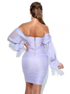 Miss Circle Sirene Lavender Silk Pleated Off Shoulder Balloon Sleeves Dress