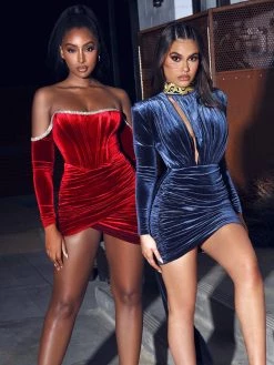 Miss Circle Gracyn Blue Cutout Long Sleeve Draping Velvet Dress Dresses