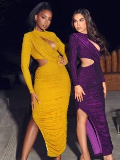 Miss Circle Payson Purple Long Sleeve Metallic Jersey Cutout Dress Dresses