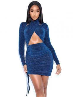 Miss Circle Urvi Teal Long Sleeve Criss Cross Glitter Jersey Dress Dresses