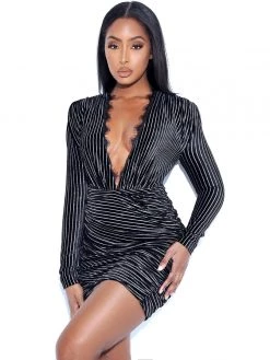 Miss Circle Kamila Black Stripe Velvet Long Sleeve Dress