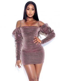 Miss Circle Yulisa Rose Gold Metallic Puff Sleeve Dress Dresses