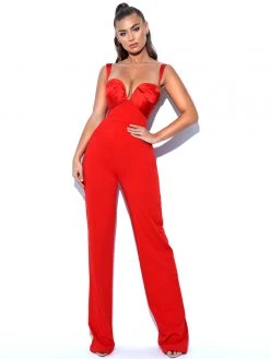 Miss Circle Onika Red Satin And Crepe Jumpsuit New In