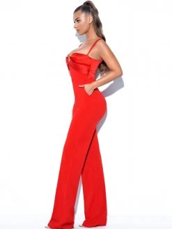 Miss Circle Onika Red Satin And Crepe Jumpsuit New In