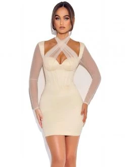 Miss Circle Jocelynn Ivory Satin Mesh Long Sleeve Corset Dress Corsets