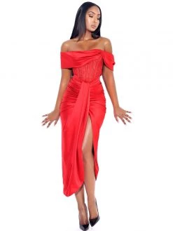 Miss Circle Stella Burgundy Off Shoulder Crystal Corset Satin Gown Corsets