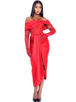 Miss Circle Stella Burgundy Off Shoulder Crystal Corset Satin Gown Corsets