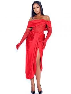 Miss Circle Stella Burgundy Off Shoulder Crystal Corset Satin Gown Corsets