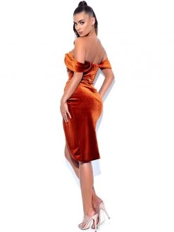 Miss Circle Omaria Tan Velvet Off Shoulder Corset Dress Corsets