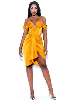 Miss Circle Corsets Dreya Gold Off Shoulder Satin Corset Dress