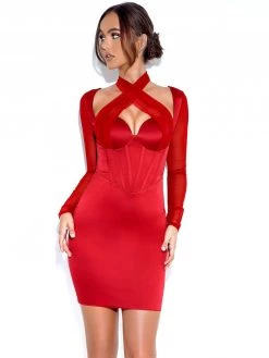 Miss Circle Corsets Jocelynn Burgundy Satin Mesh Long Sleeve Corset Dress