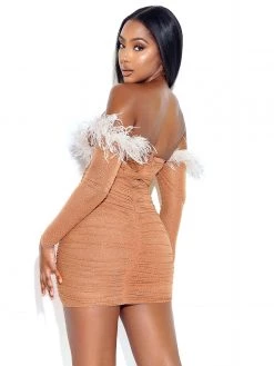 Miss Circle Casimira Nude Mesh Crystal Dress With White Feather Trim