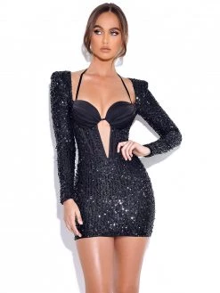Miss Circle Dresses Melina Black Long Sleeve Sequin Dress