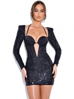 Miss Circle Dresses Melina Black Long Sleeve Sequin Dress