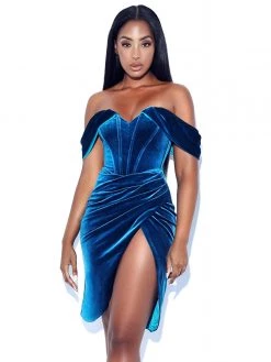 Miss Circle Omaria Teal Velvet Off Shoulder Corset Dress Corsets