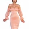 Miss Circle Dresses Lydia Blush Satin Off Shoulder Puff Sleeve Dress