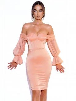 Miss Circle Dresses Lydia Blush Satin Off Shoulder Puff Sleeve Dress