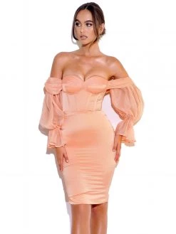 Miss Circle Dresses Lydia Blush Satin Off Shoulder Puff Sleeve Dress