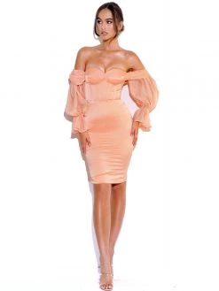 Miss Circle Dresses Lydia Blush Satin Off Shoulder Puff Sleeve Dress