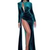 Miss Circle Zenaida Emerald Green Cutout High Slit Velvet Gown