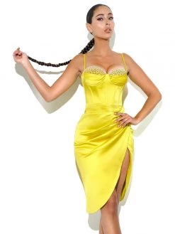 Miss Circle Nyla Lemon Satin Corset Dress With Crystals Corsets