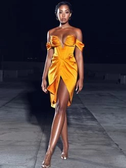 Miss Circle Corsets Dreya Gold Off Shoulder Satin Corset Dress