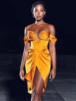 Miss Circle Corsets Dreya Gold Off Shoulder Satin Corset Dress