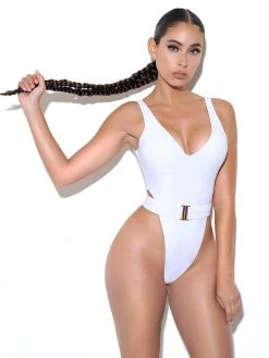 Miss Circle Swim Collection Ayla White Thong Swimsuit With Belt