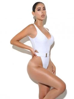 Miss Circle Swim Collection Ayla White Thong Swimsuit With Belt