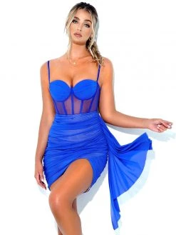 Miss Circle Corsets Yolie Royal Blue Ruched Draping Mesh Corset Dress