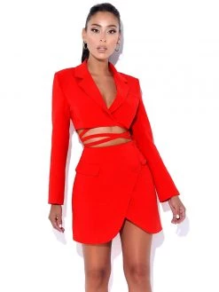 Miss Circle Deana Red Lace Up Crop Blazer