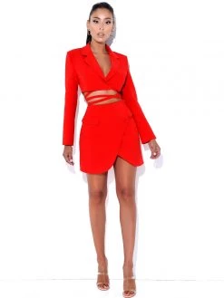 Miss Circle Deana Red Lace Up Crop Blazer