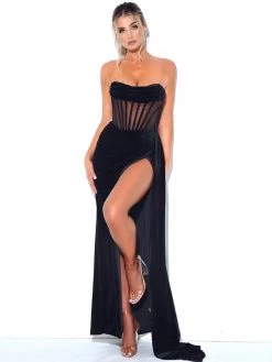Miss Circle Priya Black Draping Corset High Slit Velvet Gown Corsets