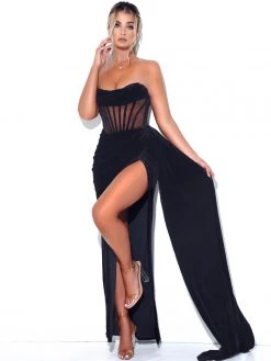 Miss Circle Priya Black Draping Corset High Slit Velvet Gown Corsets