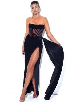 Miss Circle Priya Black Draping Corset High Slit Velvet Gown Corsets