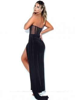 Miss Circle Priya Black Draping Corset High Slit Velvet Gown Corsets