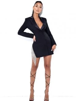 Miss Circle Dresses Freya Black Crystal Fringe Blazer Dress