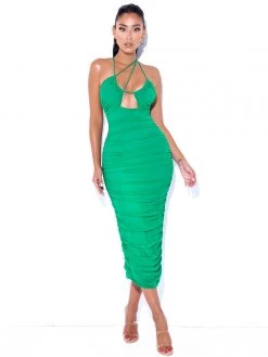 Miss Circle Dresses Felis Green Lace-up Strappy Ruched Mesh Dress