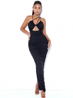 Miss Circle Felis Black Lace-up Strappy Ruched Mesh Dress Dresses