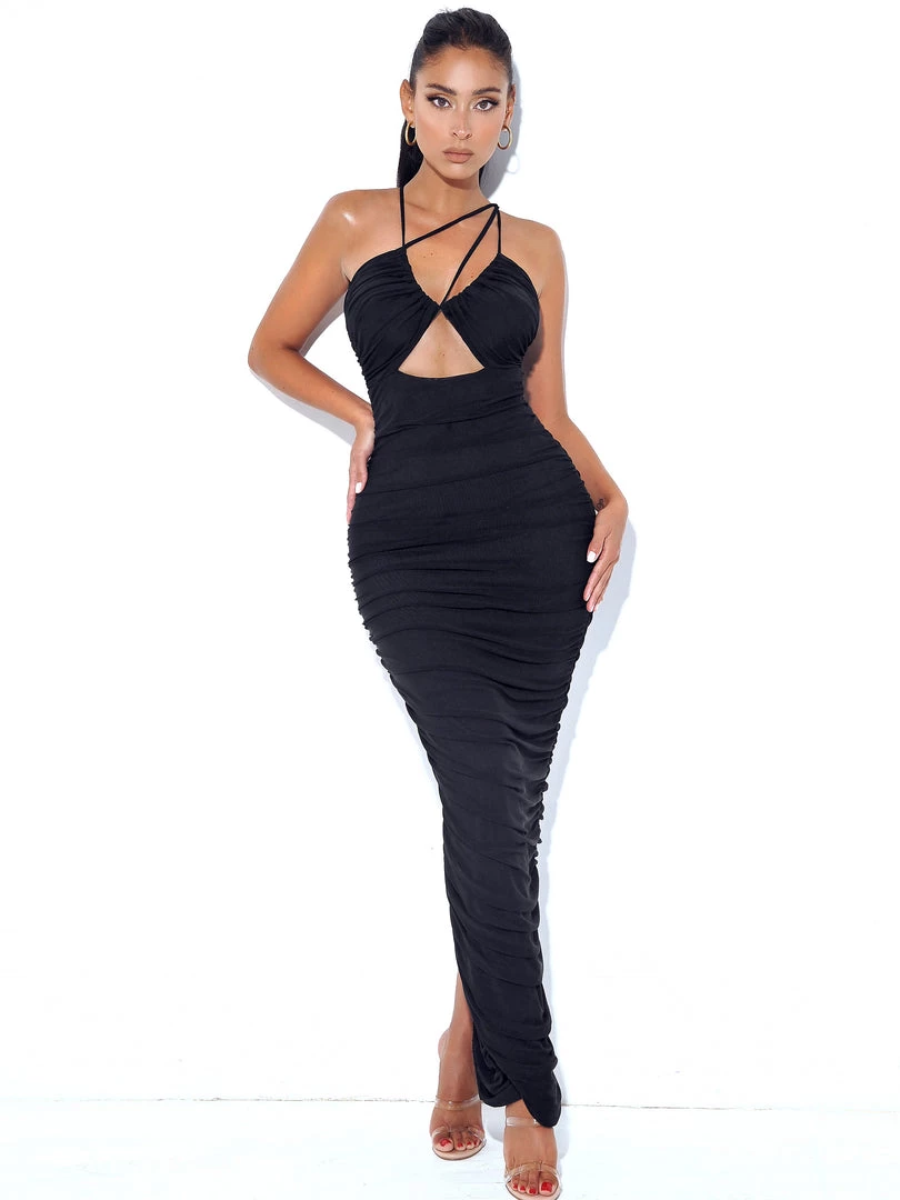 Miss Circle Felis Black Lace-up Strappy Ruched Mesh Dress Dresses