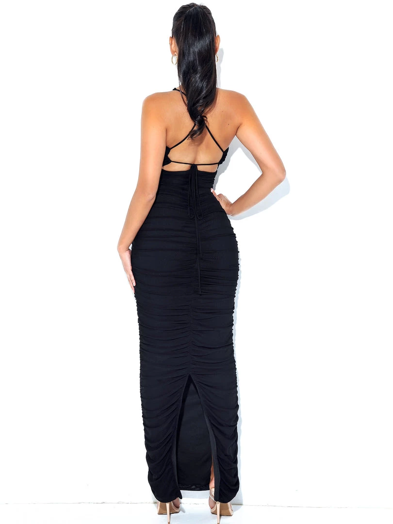 Miss Circle Felis Black Lace-up Strappy Ruched Mesh Dress Dresses
