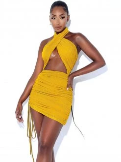 Miss Circle Ulani Gold Metallic Twist Neck Mini Dress Dresses