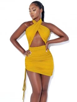 Miss Circle Ulani Gold Metallic Twist Neck Mini Dress Dresses