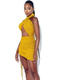 Miss Circle Ulani Gold Metallic Twist Neck Mini Dress Dresses